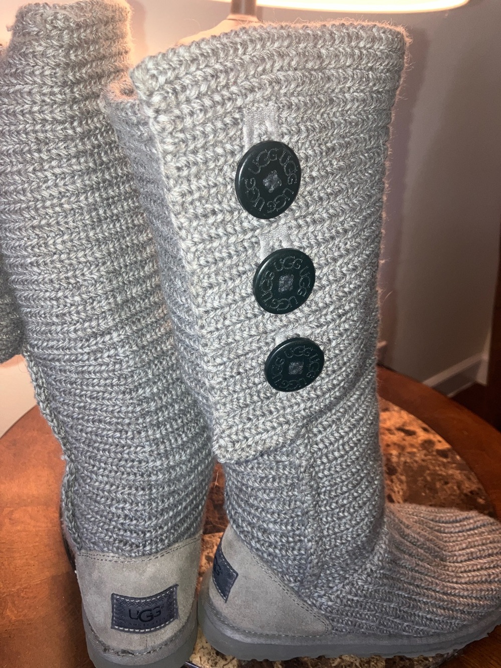UGG Light Gray Knit Button Mid-Calf Boots